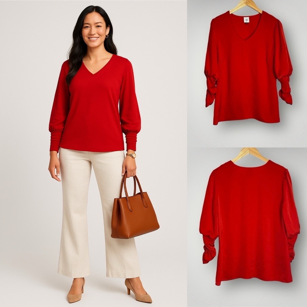 CAbi Aurora Cinch Sleeve Blouse Size Medium V Neck Bright Red Polyester